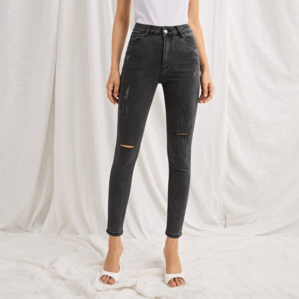

High Waist Ripped Cropped Jeans, Dark grey