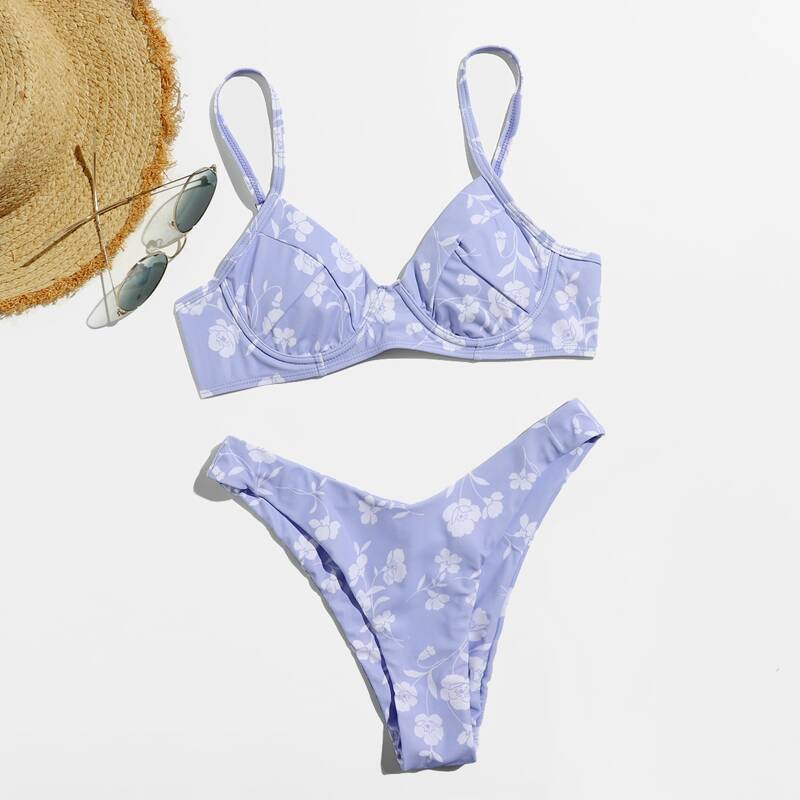

Floral High Cut Bikini Swimsuit, Lilac purple