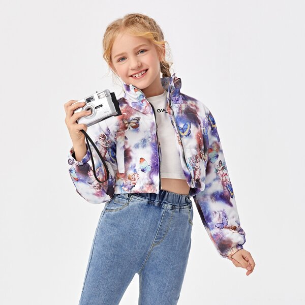 

Girls Angel & Butterfly Print Zipper Placket Crop Jacket, Multicolor