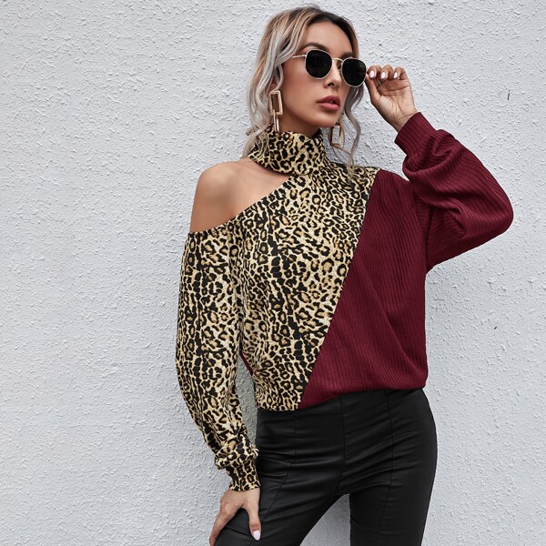 

High Neck Cutout Leopard Colorblock Top, Multicolor