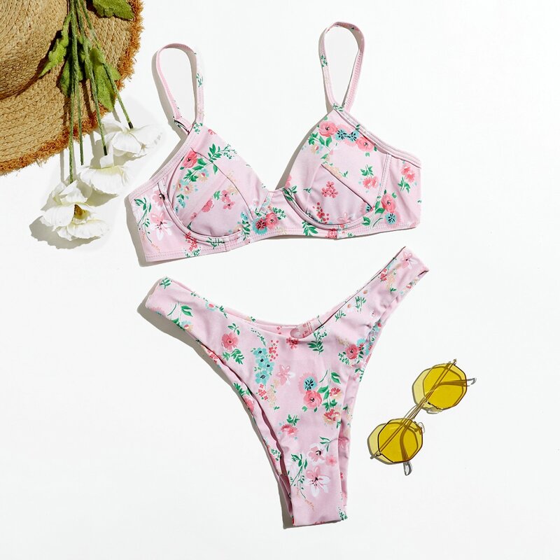 

Floral High Cut Bikini Swimsuit, Pink
