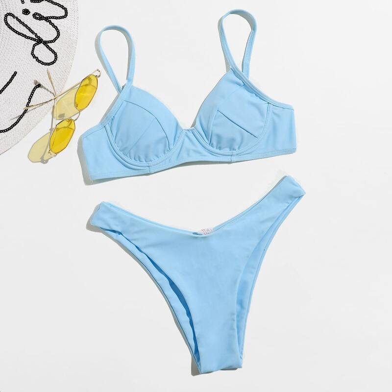 

Solid High Cut Bikini Swimsuit, Baby blue