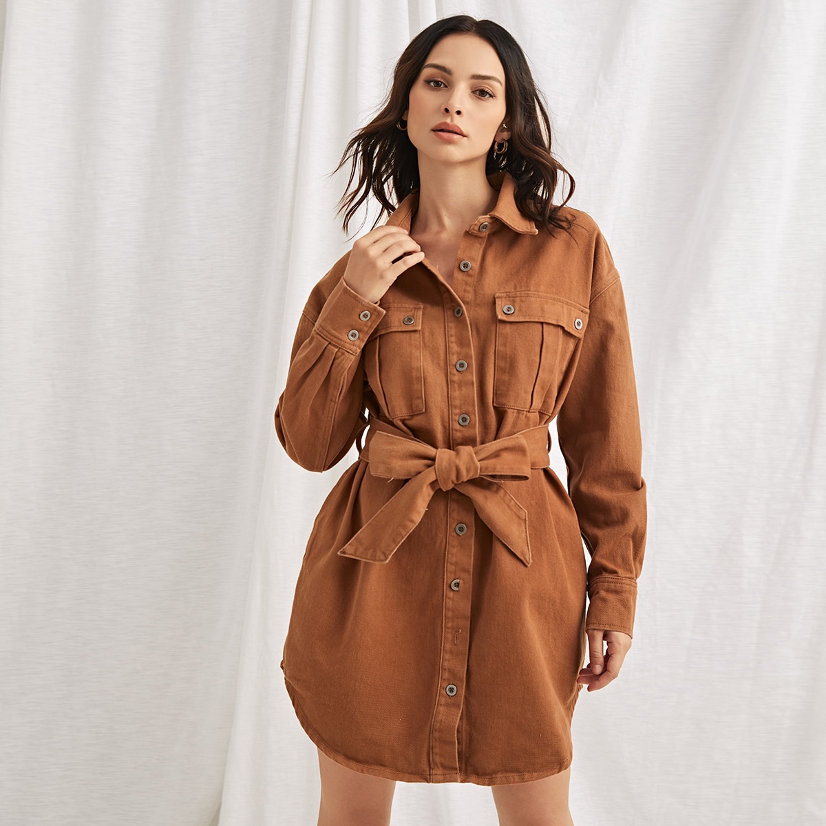 Image of Drop Shoulder Belted Shirt Denim Dress