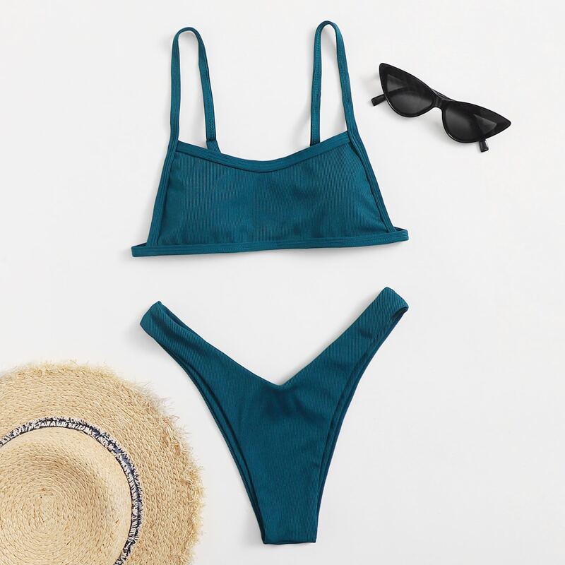 

Solid High Cut Bikini Swimsuit, Teal blue