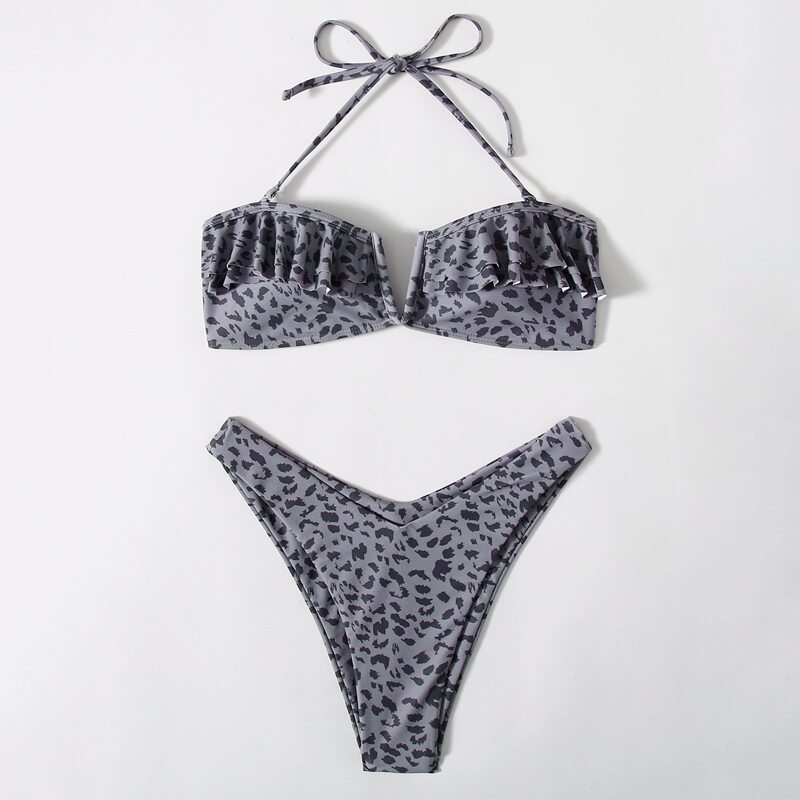

Allover Print V Wired Ruffle High Cut Bikini Swimsuit, Grey