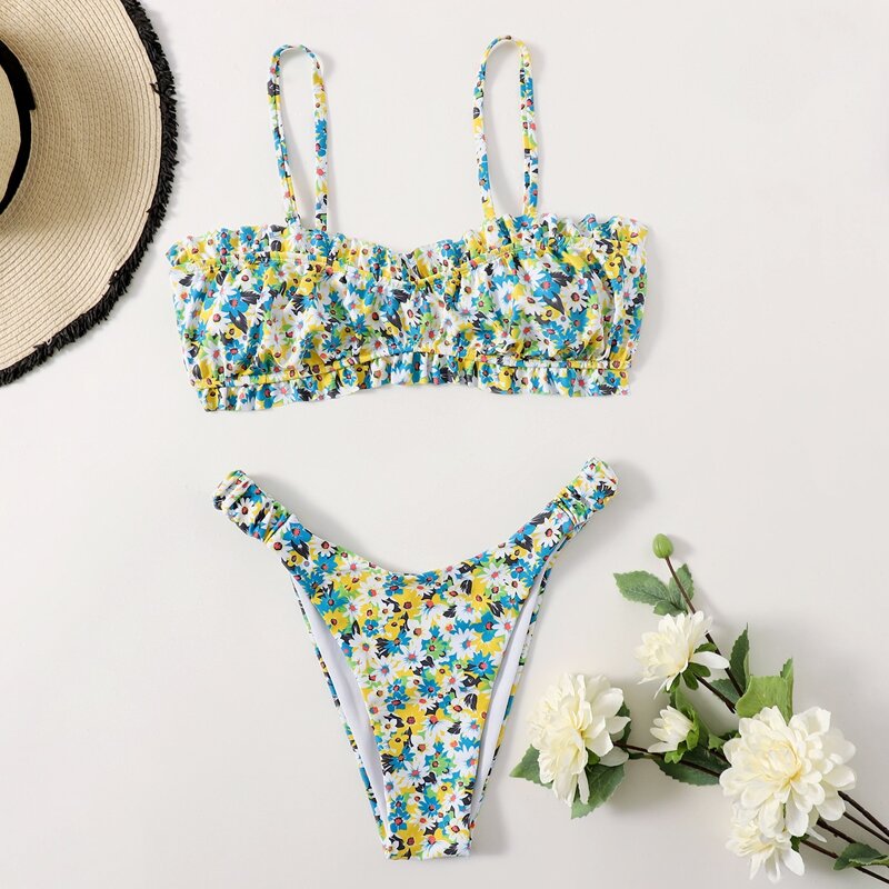 

Floral Frill High Cut Bikini Swimsuit, Multicolor