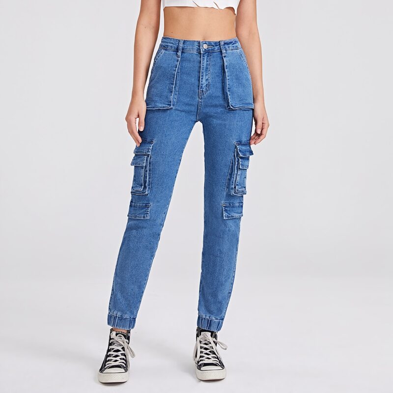 

High Waist Cargo Jeans, Medium wash