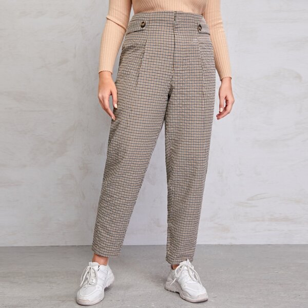 

Plus Buttoned Strap Plaid Pants, Multicolor
