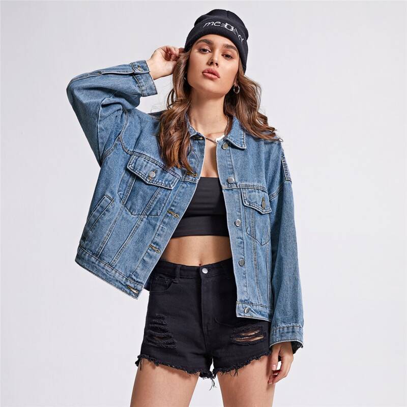 

Drop Shoulder Button Up Denim Jacket, Medium wash