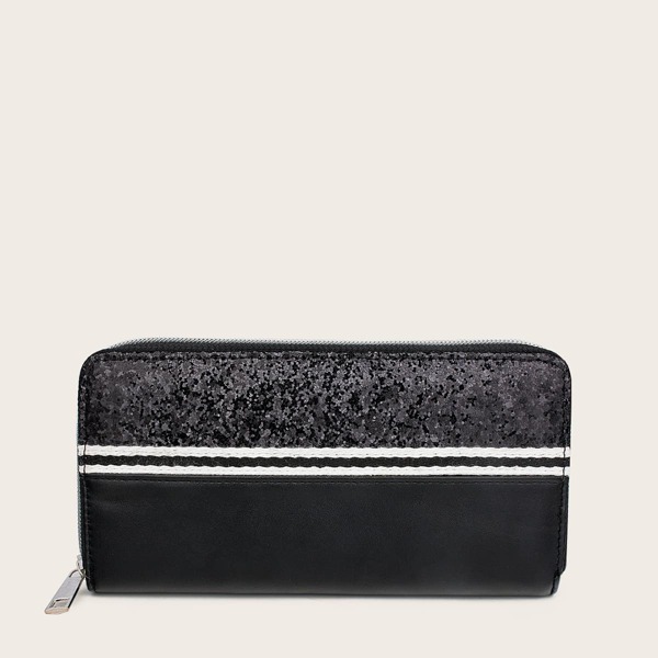 

Contrast Glitter Print Zipper Long Wallet, Black