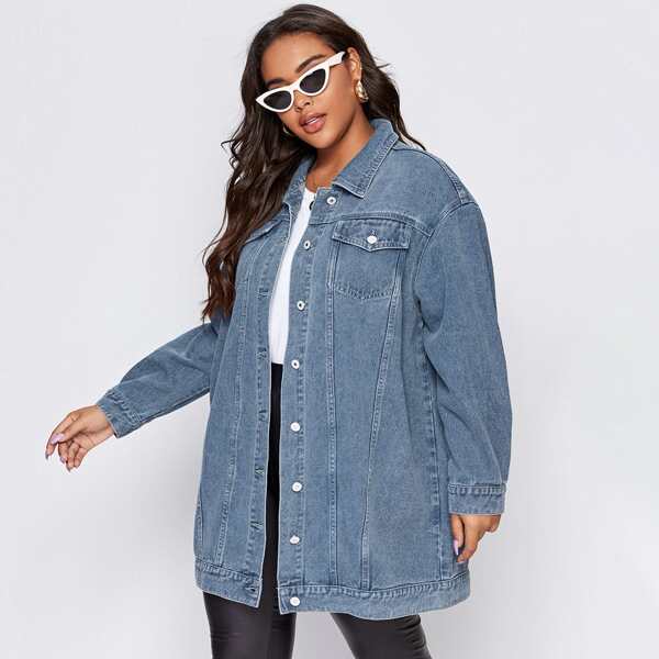 

Plus Drop Shoulder Buttoned Denim Jacket, Light wash