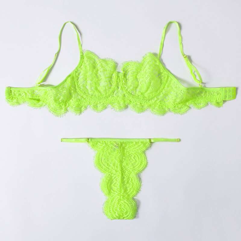 

Scallop Floral Lace Lingerie Set, Neon lime green