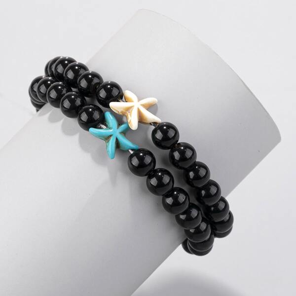 

2pcs Men Starfish Decor Beaded Bracelet, Multicolor