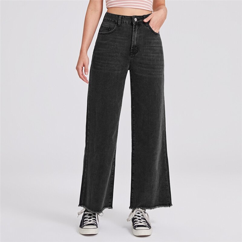 

High Waist Raw Hem Wide Leg Jeans, Dark grey