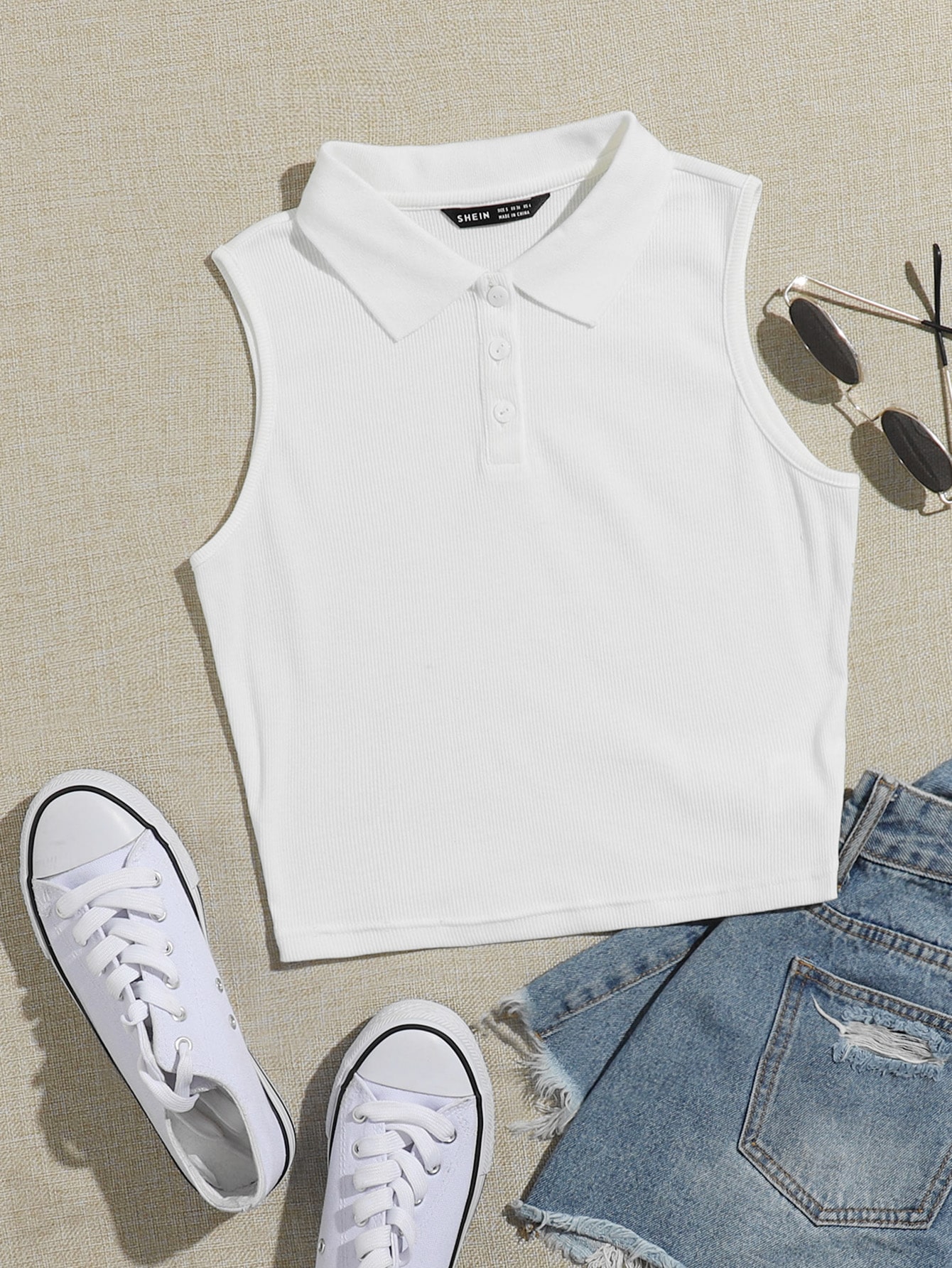 Collared Buttoned Half Placket Tank Top thumbnail