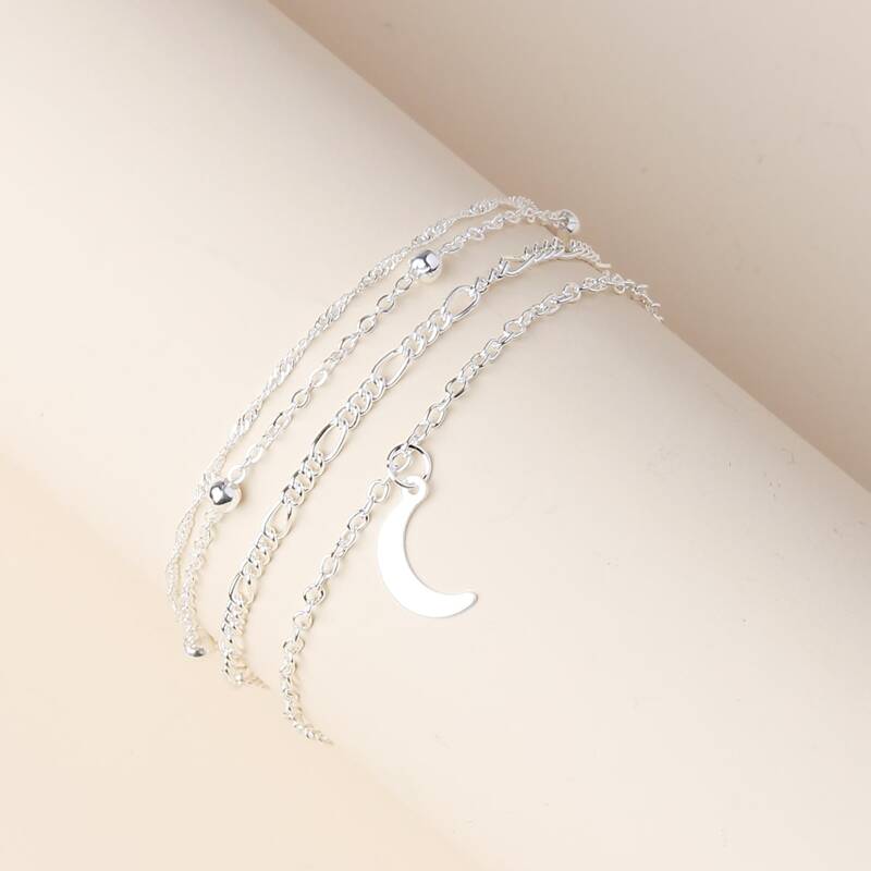 4pcs Moon Charm Chain Bracelet, Silver