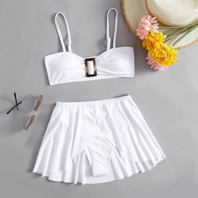 

Solid Buckle Bikini Swimsuit, White