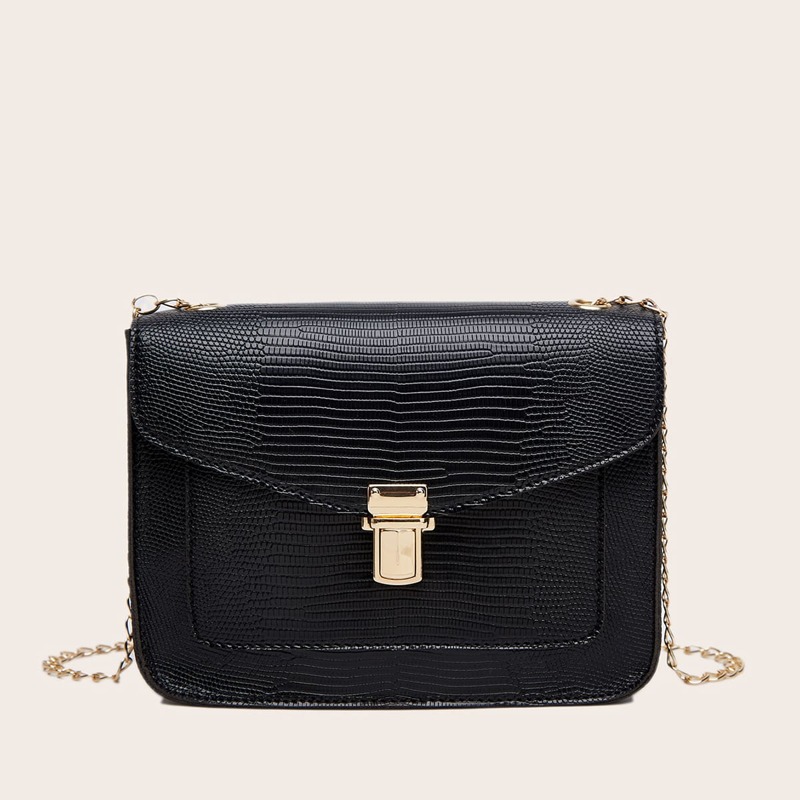 

Snake Embossed Chain Crossbody Bag, Black