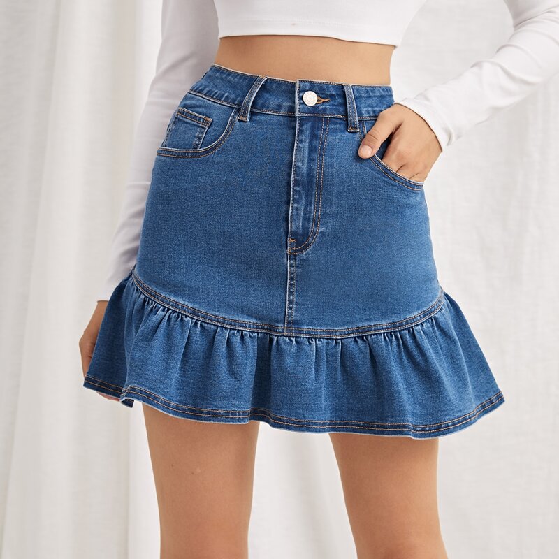 

High Waist Ruffle Hem Denim Skirt, Medium wash