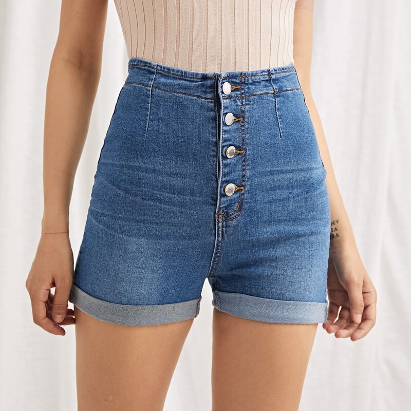 

High Waist Button Fly Denim Shorts, Medium wash
