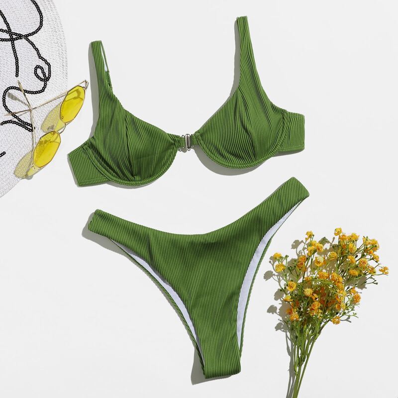 

Solid High Cut Bikini Swimsuit, Green