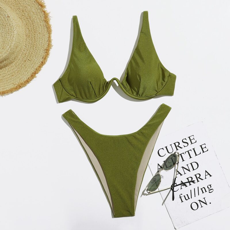 

Solid High Cut Bikini Swimsuit, Olive green