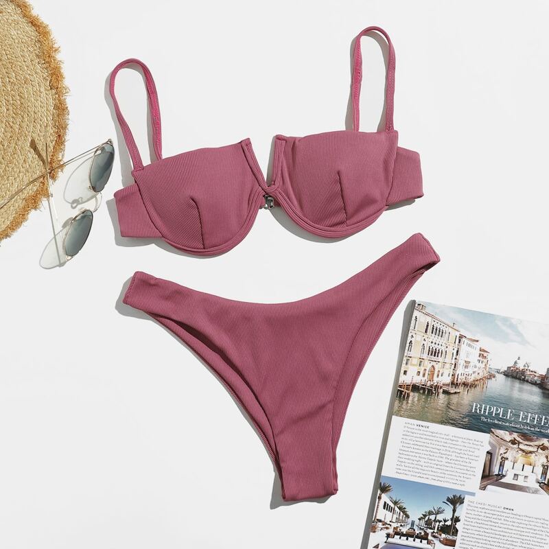 

V Wired Push Up Bikini Swimsuit, Rose red