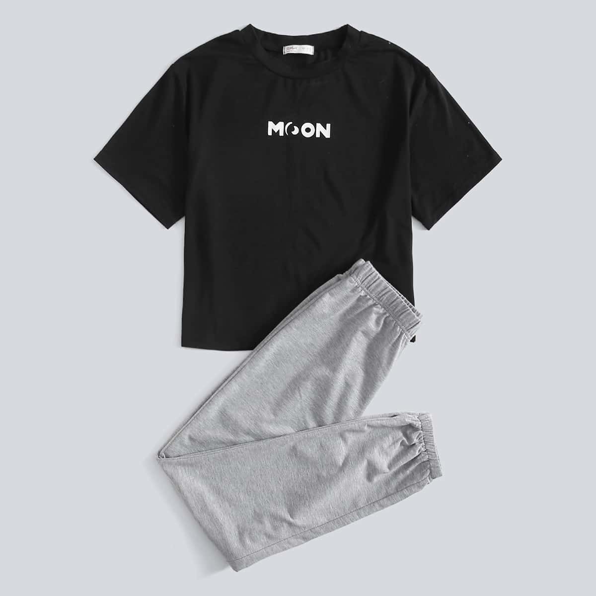 

Letter Graphic Tee & Pants PJ Set, Black