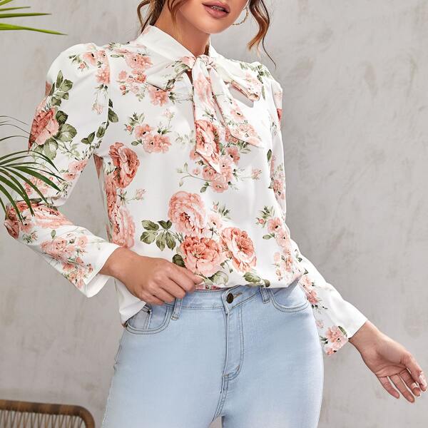 

Floral Tie Neck Top, Multicolor