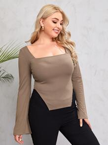SHEIN Privé Plus Square Neck Asymmetrical Hem Tee - Mocha Brown - View 3