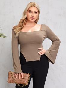 SHEIN Privé Plus Square Neck Asymmetrical Hem Tee - Mocha Brown - View 5