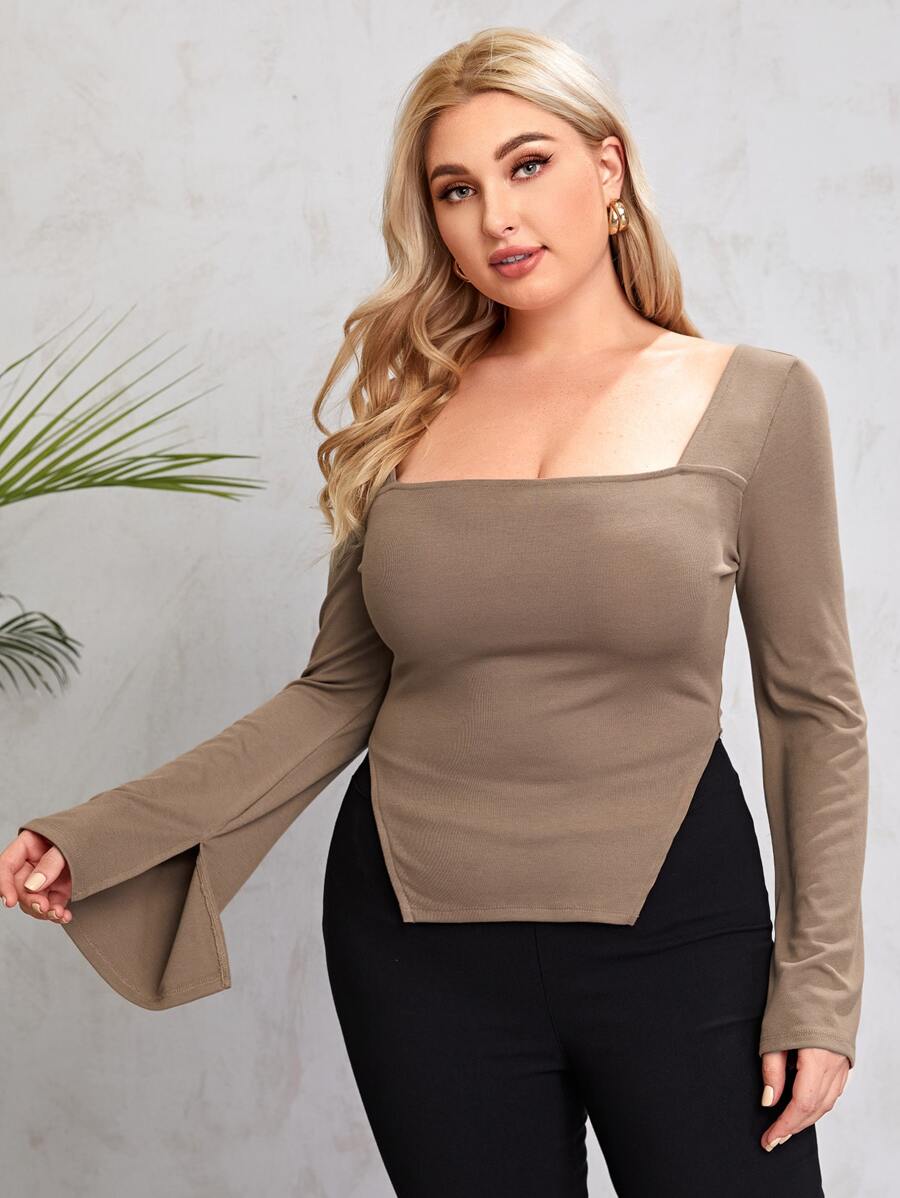 SHEIN Privé Plus Square Neck Asymmetrical Hem Tee - Mocha Brown - View 1