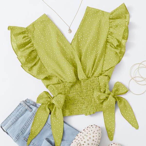 

Ruffle Trim Shirred Knotted Polka-dot Top, Lime green