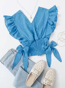 SHEIN VCAY Ruffle Trim Shirred Knotted Polka-dot Top - Blue - View 1