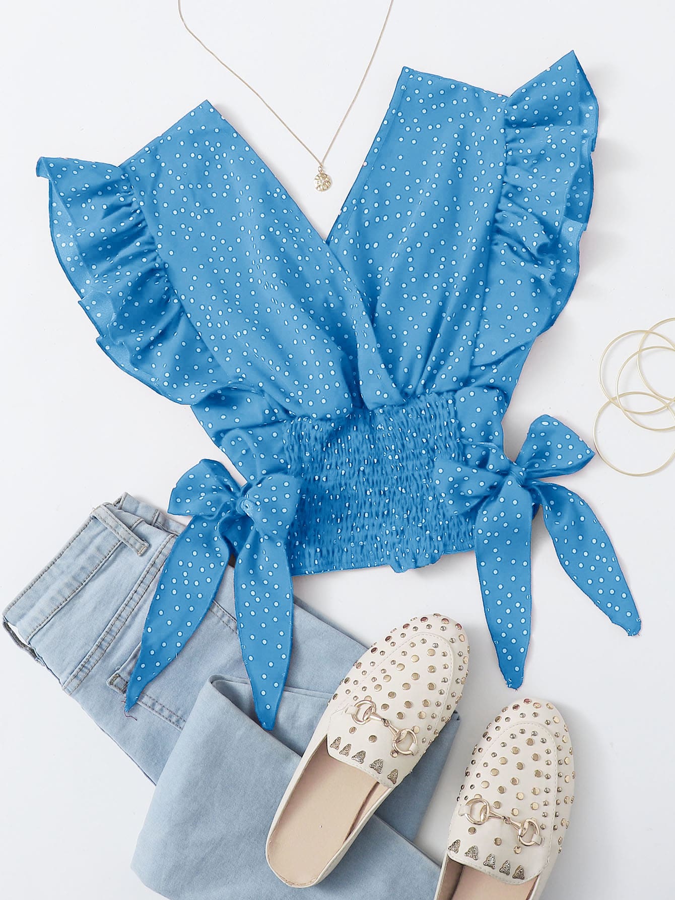 SHEIN VCAY Ruffle Trim Shirred Knotted Polka-dot Top - Blue - View 1