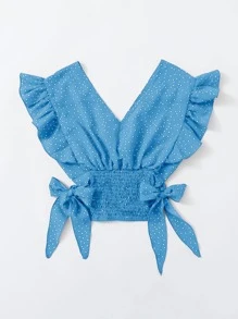 SHEIN VCAY Ruffle Trim Shirred Knotted Polka-dot Top - Blue - View 2