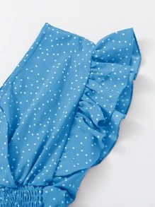 SHEIN VCAY Ruffle Trim Shirred Knotted Polka-dot Top - Blue - View 3