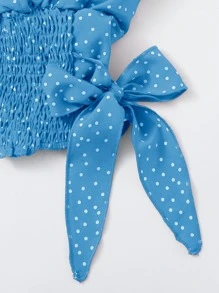 SHEIN VCAY Ruffle Trim Shirred Knotted Polka-dot Top - Blue - View 4
