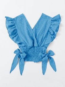 SHEIN VCAY Ruffle Trim Shirred Knotted Polka-dot Top - Blue - View 5