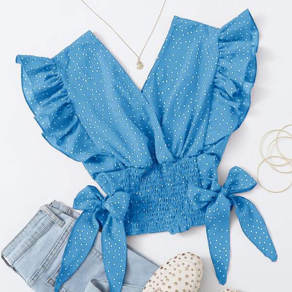 

Ruffle Trim Shirred Knotted Polka-dot Top, Blue