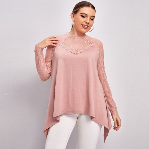 

Plus Lace Yoke & Sleeve Asymmetrical Hem Tee, Dusty pink