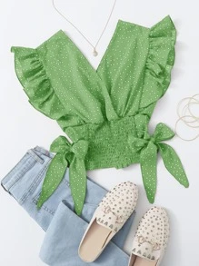 SHEIN VCAY Ruffle Trim Shirred Knotted Polka-dot Top - Green - View 1
