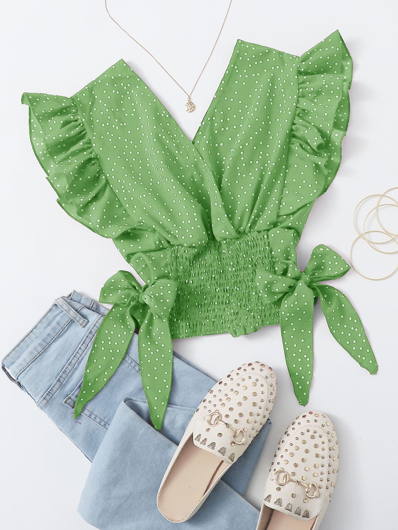 SHEIN VCAY Ruffle Trim Shirred Knotted Polka-dot Top - Green - View 1