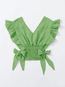 SHEIN VCAY Ruffle Trim Shirred Knotted Polka-dot Top - Green - View 2