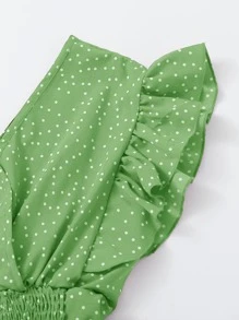 SHEIN VCAY Ruffle Trim Shirred Knotted Polka-dot Top - Green - View 3