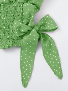 SHEIN VCAY Ruffle Trim Shirred Knotted Polka-dot Top - Green - View 4