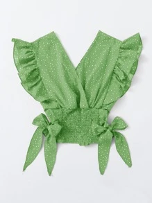 SHEIN VCAY Ruffle Trim Shirred Knotted Polka-dot Top - Green - View 5