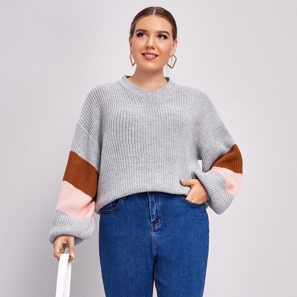 

Plus Colorblock Drop Shoulder Sweater, Grey
