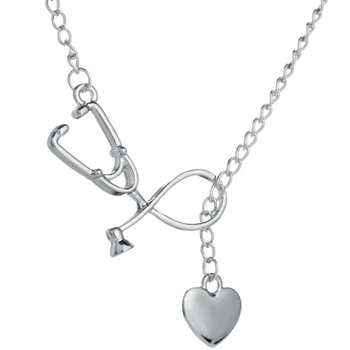 

Stethoscope & Heart Lariat Necklace, Silver