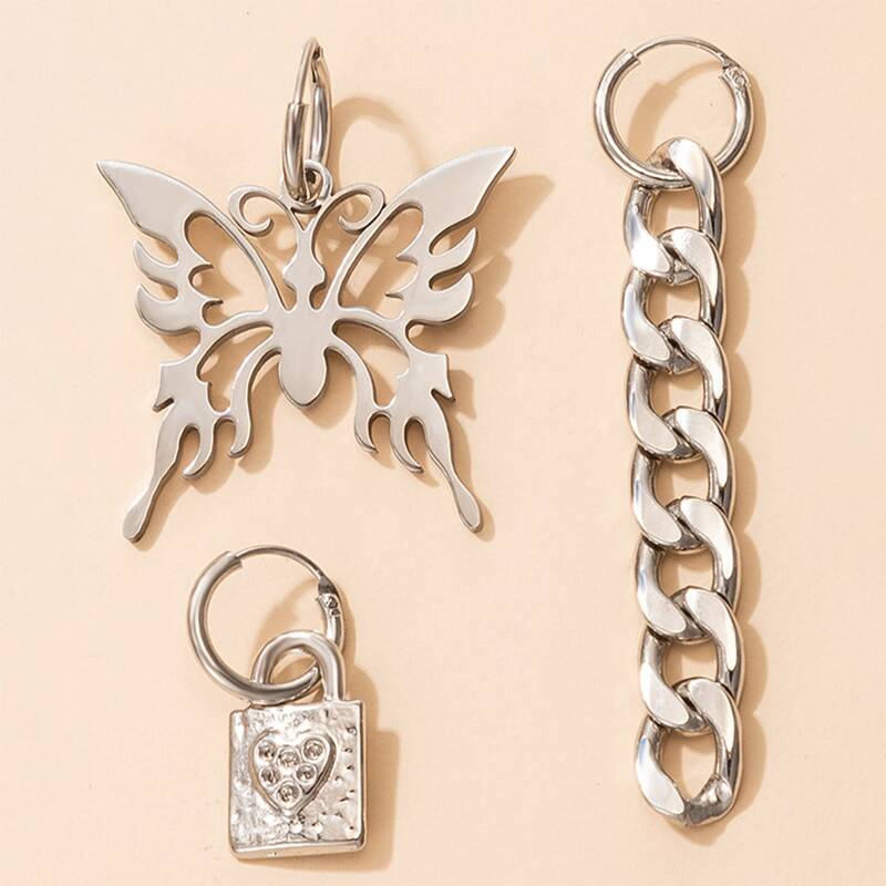 

3pcs Butterfly & Chain Drop Earrings, Silver